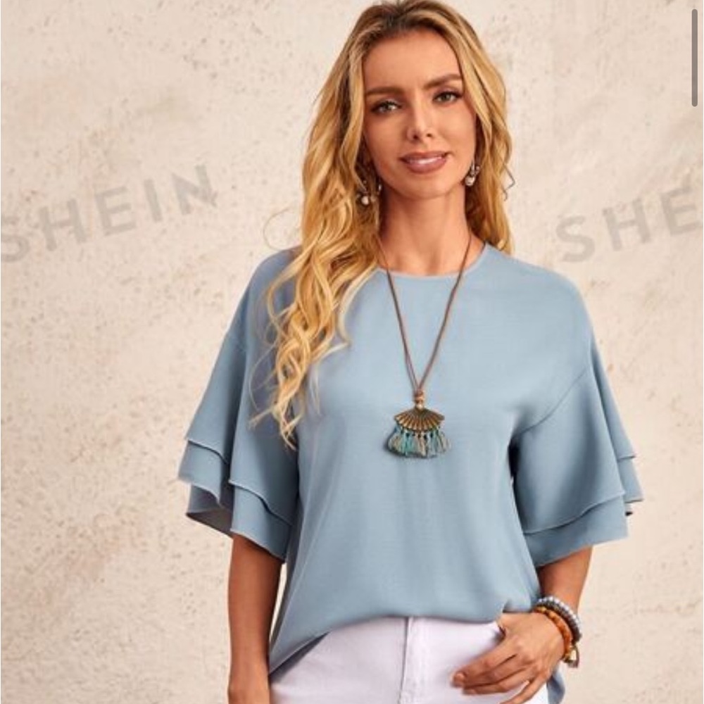 New SHEIN Cadet Blue Oversized Layer Ruffle Sleeve Blouse Medium Large